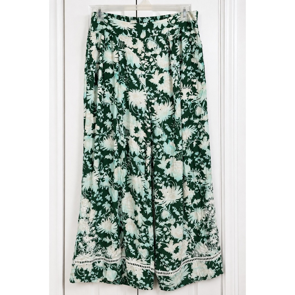 Figue Charlotte Pants Womens XL Green Floral Pleated Wide Leg Embroidered $398